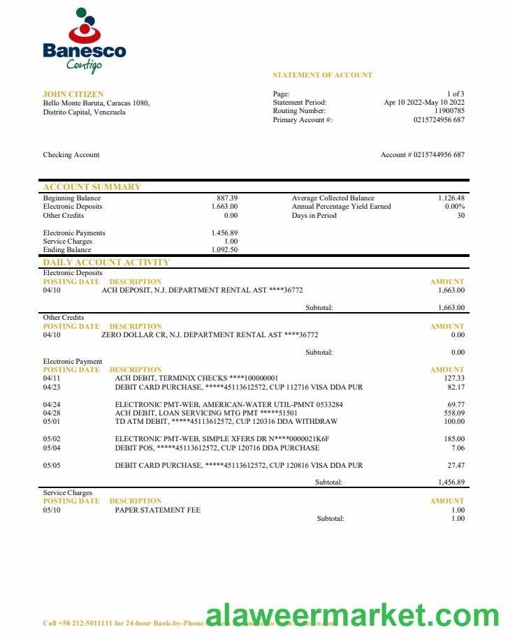 Venezuela Banesco bank statement